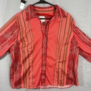 CJ Banks Womens Button Up Top Flower Stripes Red Plus Size 1X